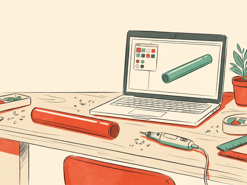 A relay baton on a workbench beside a laptop showing a colour picker