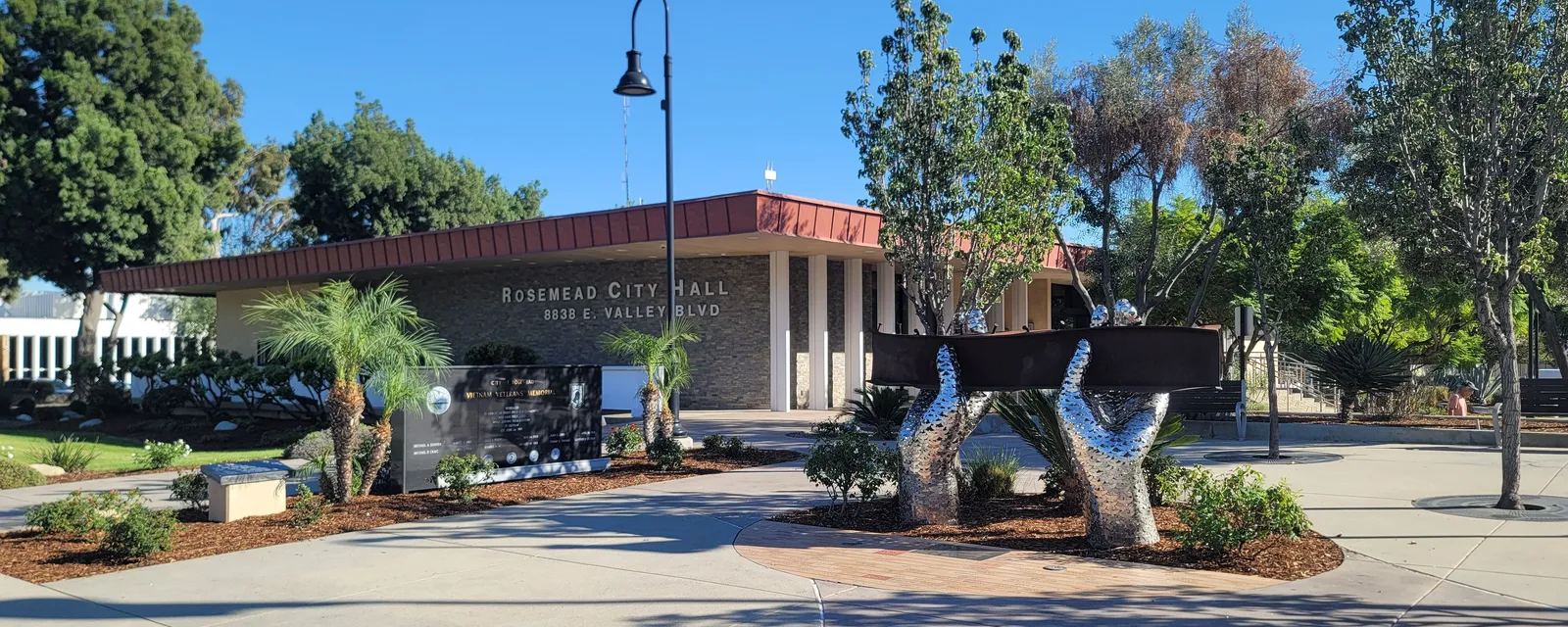 Rosemead City Hall on Valley Boulevard, with the steel sculpture out front