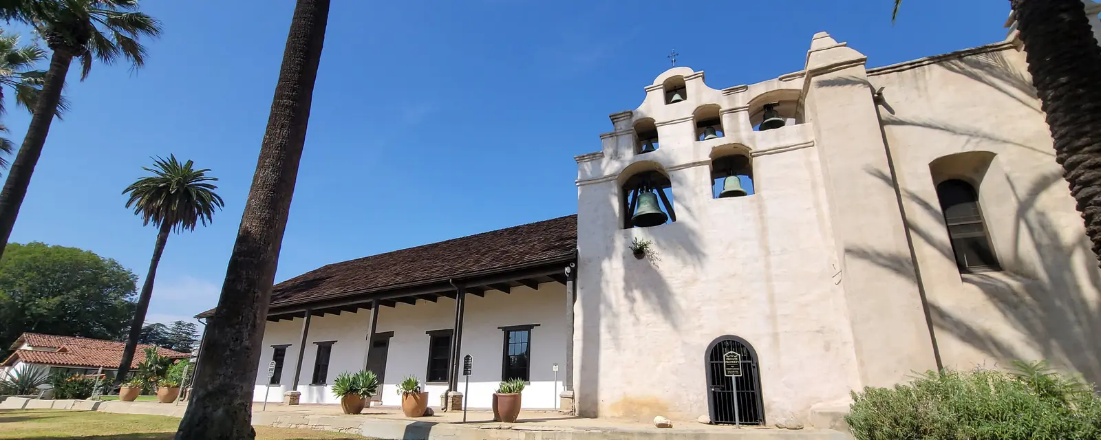 The bell wall of Mission San Gabriel Arcángel, founded in 1771