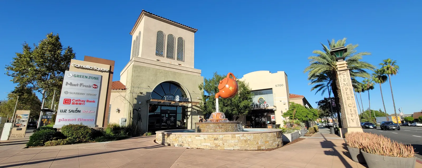 The tower and camellia sculpture at Camellia Square in Temple City